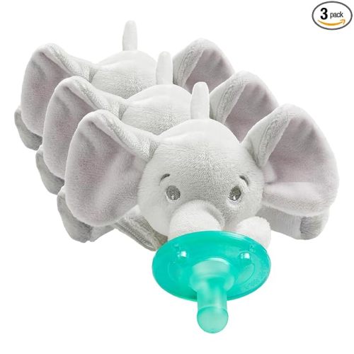 Philips AVENT Soothie Snuggle Pacifier Holder with Detachable Pacifier,0m+,Elephant,SCF347/03-,(Pack of 3)