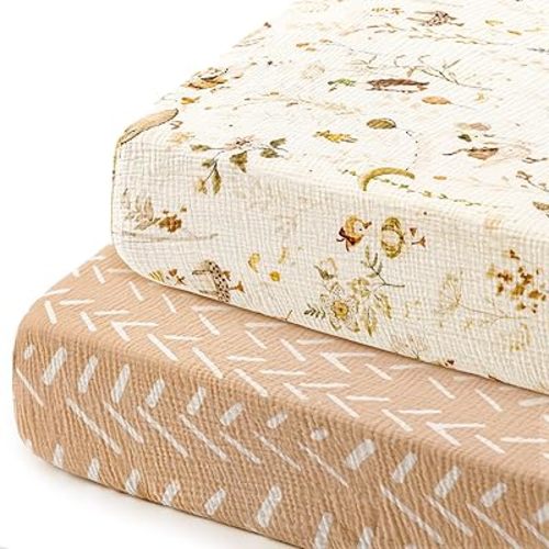 GRSSDER 100% Cotton Muslin Crib Sheet 2 Pack - Breathable & Ultra-Soft Fitted Crib Sheets for Standard Baby & Toddler Mattresses, 52"x28" with 9" Deep Pocket, Snug Fit All-Around Elastic