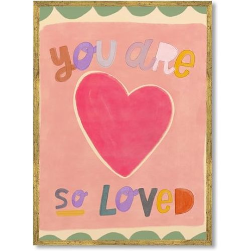 Gold Framed Watercolour You Are So Loved Nursery Wall Art Canvas Print Pink Heart Inspirational Quote Poster Picture Retro Colorful Hand Drawn Painting Cute Wall Decor for Kids Room Playroom 8x12inch