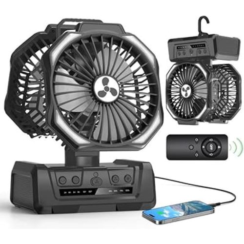 Dual Head Portable Rechargeable Fan 20000mAh Battery Powered Fan Camping Cordless with 360° Air Delivery, LED Lantern & Remote, Auto Oscillation, Battery Operated for Tent Office Travel Picnic Jobsite