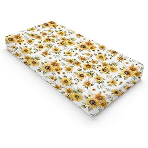 Watercolor Yellow Sunflowers Changing Pad Covers Boho Sunflowers Leaves Baby Changing Table Sheets for Boy Girl Summer Wild Floral Soft Breathable Stretchy Diaper Changing Table Mats 32''x16''