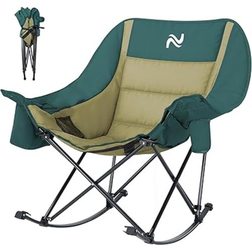 ABORON Oversized Rocking Camping Chair for Adults, Fully Padded Folding Outdoor Lawn Chair with Cooler Bag & Side Pocket, Portable Recliner Chair for Camp, Patio, Backyard, Supports 400 lbs
