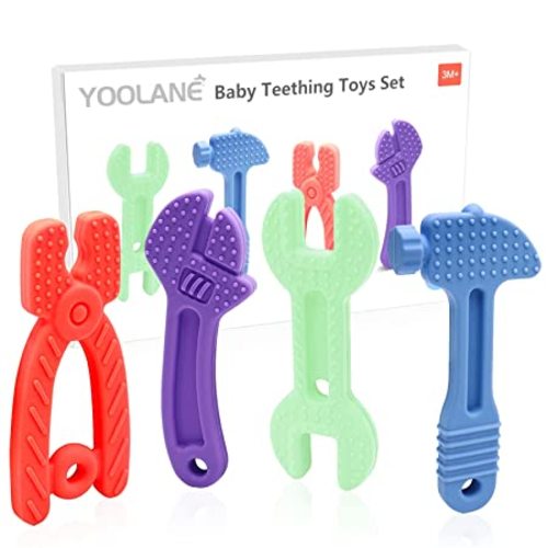 Yoolane Baby Teether - Baby Teething Toys, Tool Set Baby Teethers for Babies, Silicone Baby Teether Toys - Baby Essientials Stuff for 3+ Months Toddler Infant Boy Girl, BPA Free Freezable | 4 Pack