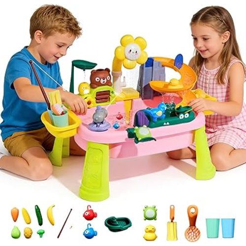 Upgraded Toddler Sand Water Table Toy with Electric Water Pump, Kids Sand Water with Faucet/Play Food Accessories/Fishing Toy, Kitchen Play Sink Toys for Girl Boy Age 3+ (Pink)