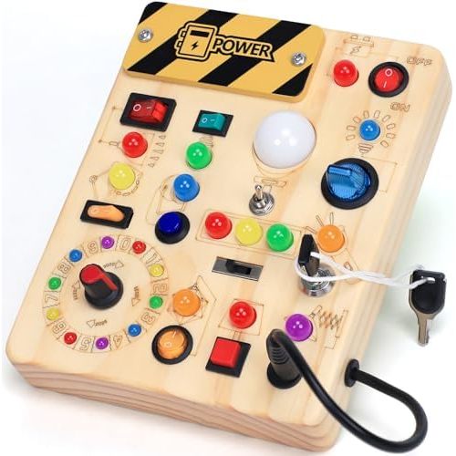 Busy Board with LED Light Switches, Montessori Toys for 1 2 3 Years Old, Toddlers Wooden Toy Sensory Activity Board, Travel Toys for 1+ Year Old Boy & Girl Birthday Gift