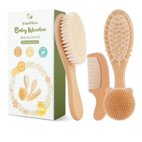 Yoofoss 4 Piece Baby Brush and Comb Set, Wooden Baby Brush with Natural Ultra Soft Goat Hair, Baby Hair Brush for Newborn, Baby Brush Set for Boy Girl