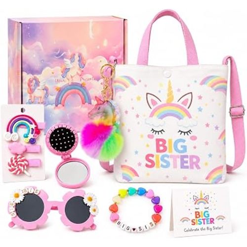 Big Sister Gift Set with Gift Box, Unicorn Rainbow Big Sis Tote Bag Set with Hair Clips, Bracelet, Sunglasses, Mirror Comb, Plush Keychain, Greeting Card