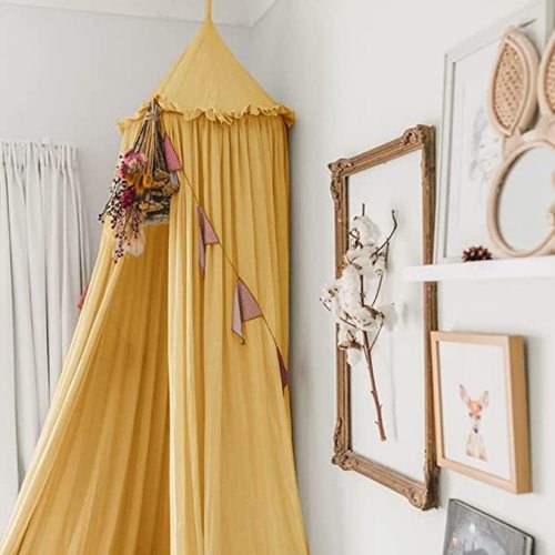 MAMERIA Kids Bed Canopy with Frills Cotton Cover Net for Baby Crib Reading Nook Curtain Hideaway Hanging Round Tent Nursery Bedding Play Room Decor (02CNP0002-YL)