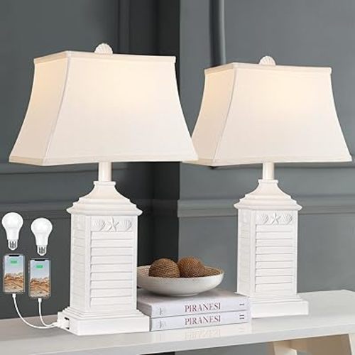 Table Lamps for Living Room Set of 2, Coastal White Bedside Lamps for Bedroom with USB Ports and AC Outlet Modern Resin 3-Color Temperature Nightstand Lamp for End Table (Bulbs Included)