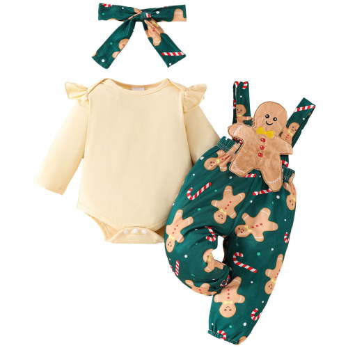HCNTES Baby Girl Christmas Outfit Romper Gingerbread Pants Set Fall Winter Clothes First Christmas Outfits(White,3-6 Months)
