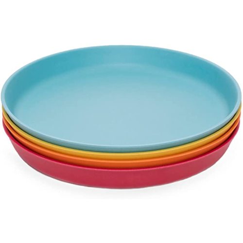 WeeSprout Bamboo Plates, Set of 4, Kid-Sized Dinnerware, Dishwasher Safe Melamine Dishware (Blue, Yellow, Orange, & Red, Without Lids)