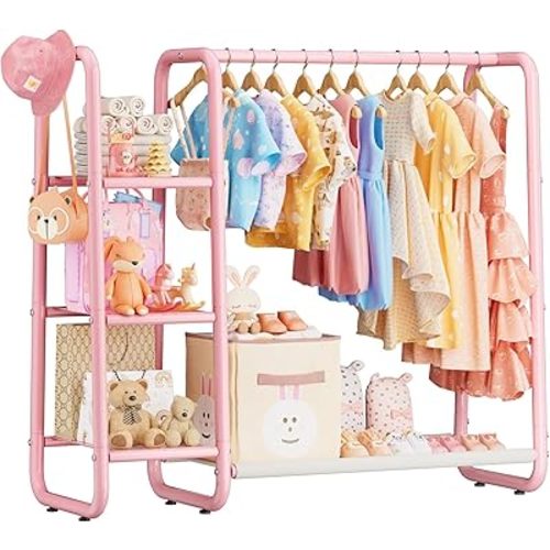 Kids Dress Up Storage with 4 Storage Shelf, More Storage Space Kids Clothing Rack for Costume Organizer Playroom Kids Girls Bedroom Nursery Organizer (Pink)