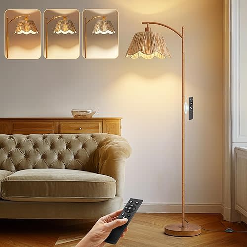 Oneach Boho Floor Lamp for Living Room with Remote & Dimmable Bulb, Farmhouse Floor Lamps with 3 Color Temperatures, Rattan Floor Lamp for Bedroom, Walnut
