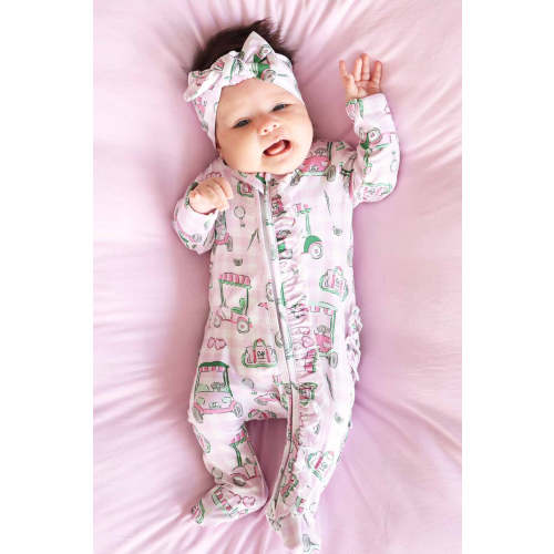 Birdie Babes Ruffle Zipper Footie in Pink | Caden Lane