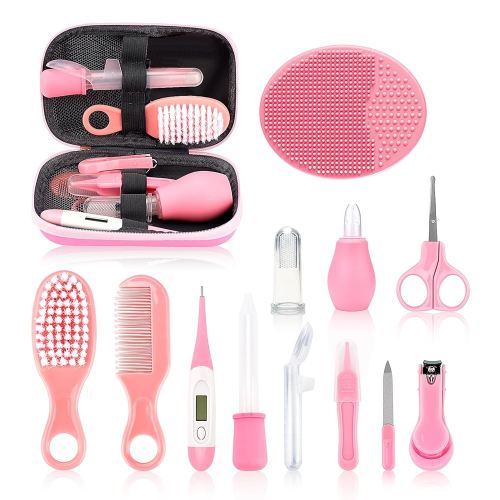 Baby Grooming and Healthcare Kit, Infant Safety Care Set with Hair Brush Comb Nail Clipper Nasal Aspirator,Baby Essentials Kit for Newborn Girls Boys (13 in 1, Pink)