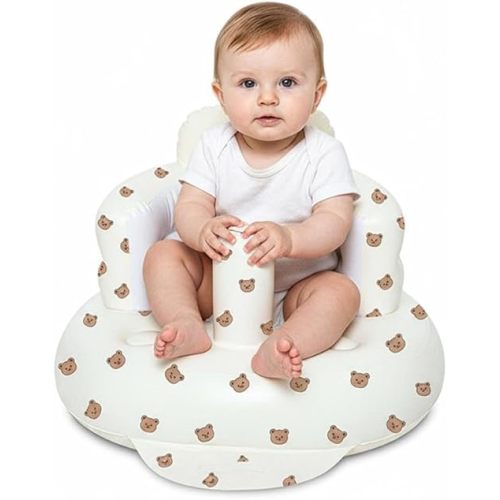 Inflatable Baby Seat for Babies 3-36 Months Blow Up Chair for Babies Infants Toddler Floor Sitting Up with Built in Air Pump (White, Bear Head)
