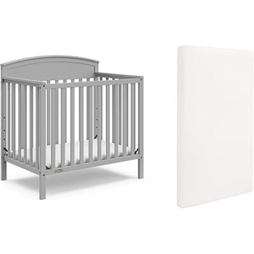 Graco Benton 4-in-1 Convertible Mini Crib with Crib Mattress, Pebble Gray