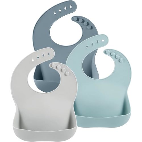 PandaEar 3 Pack Silicone Bibs for Boys Girls for Babies & Toddlers, Waterproof Feeding Bib with Large Food Catcher, BPA Free (Blue & Gray)