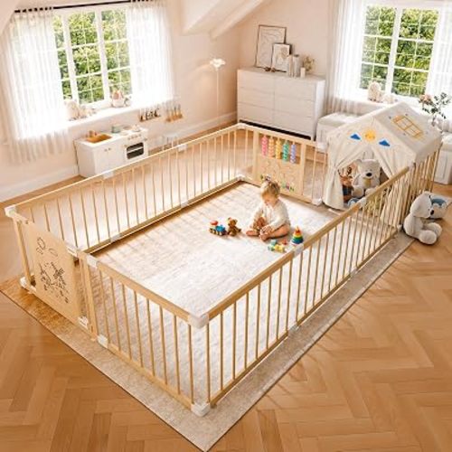 IKALIFE Large Wooden Baby House Playpen 12 Panels 70"*70"