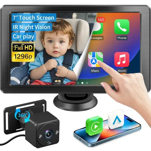 Baby Car Camera, 1296P HD Car Baby Monitor with 7" Touchscreen, CarPlay, No‑Glow Night Vision, 150° Wide Angle, Live Rear‑Seat View, Easy Installation, Alternative to Rear Facing Mirrors