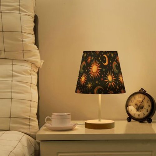 Yayeee Table Lamp for Living Room Dimmable 3 Lighting Modes with Fabric Shade, Sun Moon and Stars Pattern