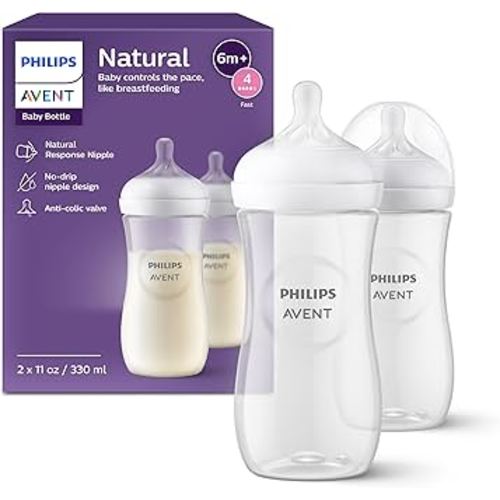 Philips Avent Natural Baby Bottles with Natural Response Nipples (Fast Flow, Flow 4), 11oz, 2-Pack, SCY906/02