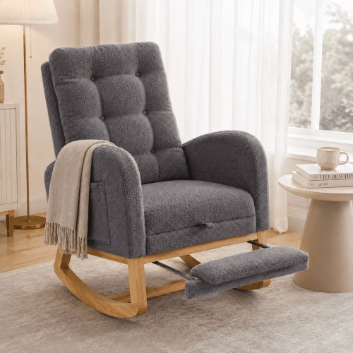 UHOMEPRO Upgraded Rocking Chair for Nursery, Modern Teddy Glider Rocker Chair with Footrest, High Backrest, Solid Wood Frame, Gray