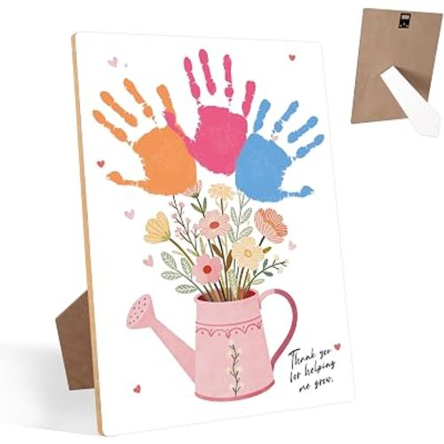 Flower Bouquet DIY Baby Handprint Making Wooden Sign 9x12 Inch, Mothers Day Crafts for Family Activity, Personalized Keepsake Gifts for Mom Grandmother, Grandma Birthday Gifts from Granddaughter