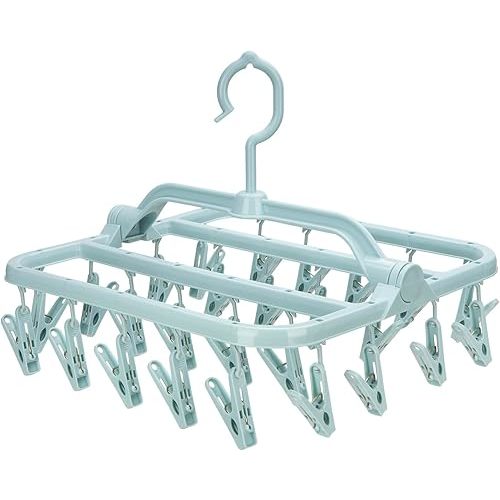 Foldable Clip Hangers with 26 Drying Clips, Underwear Hanger with Clips, Plastic Laundry Clip and Drip Drying Hanger for Socks, Bras, Lingerie, Clothes, Sturdy, Blue