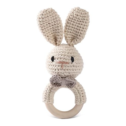 Handmade Crochet Easter Bunny Wooden Baby Rattle Toy for 0-6 Months - Organic Stuffed Animal for Newborn