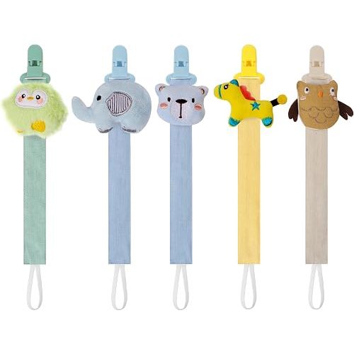 5 Pack Pacifier Clips for Baby Girls and Boys, Multicolor Fabric Straps,5pcs Straps, Approx. 11 in / 29 cm, Resin Clips with Inner Grip Design, Fits Most Pacifiers with Handles(15)