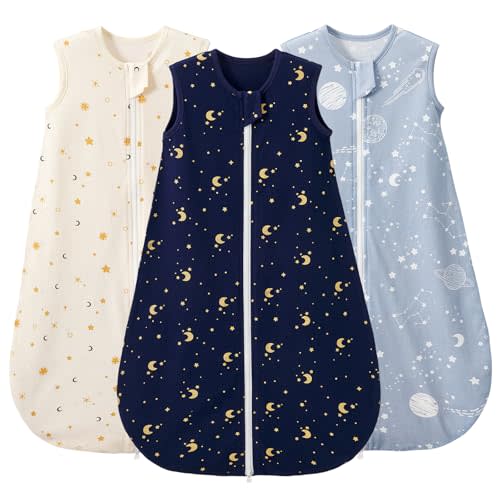 Duomiaomiao 3-Pack Baby Sleep Bag, 100% Organic Cotton Lightweight Wearable Blanket, Breathable Comfy Toddler Sleeping Sack (0.5tog Moon & Star, Medium)