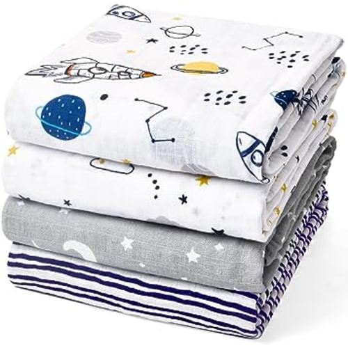 david's kids 4 Pack Baby Muslin Swaddle Blankets, 100% Cotton and Ultra Soft Breathable Receiving Blanket Wrap for Boys Girls, New Born Essentials, Large 47 x 47 inches, Space/Stars/Wave