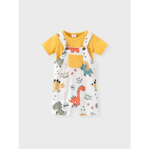 2pcs Baby Boy Short-sleeve Solid Tee and Allover Dinosaur Print Overall Romper Set