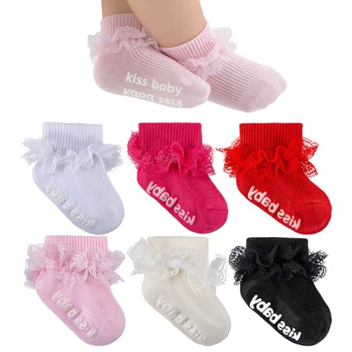 Baby Girl Ruffle Socks with Grips Turn Cuff Ankle Lace Frilly Dress Socks for Newborn/Infant/Toddler/Little Kids