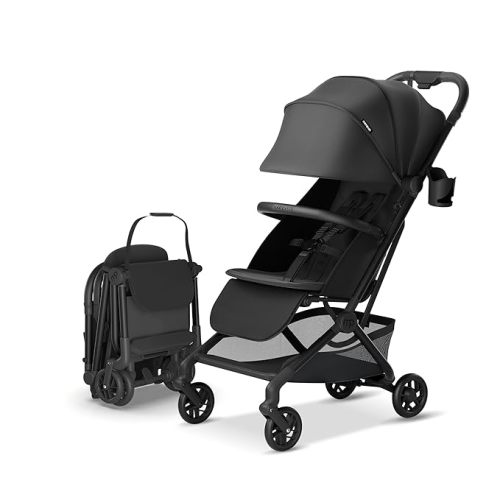 Mompush Velo Lightweight Travel Stroller, Compact & Airplane-Friendly Design with One-Hand Fold, Lie-Flat Recline from Newborn to Toddler, Includes Leather Bumper Bar, Raincover & Cup Holder
