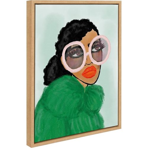Kate and Laurel Sylvie Green Coat Framed Canvas Wall Art by Kendra Dandy of Bouffants and Broken Hearts; 18x24 Natural; Female Face Portrait Feminine Art for Wall