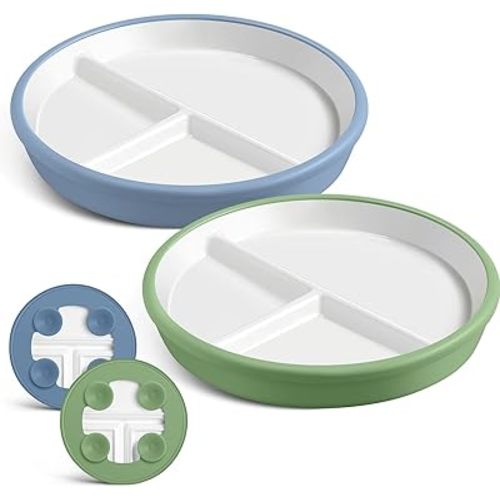 Domensi 2 Pcs 8" Large Porcelain Kids Plates with Anti-slip Silicone Sleeve Ceramic Divided Plate with Suction for Toddler Eating Microwave Dishwasher Friendly (Dark Blue,Dark Green)