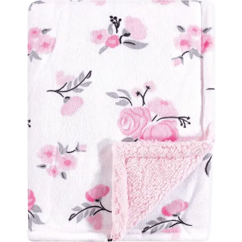 Hudson Baby Unisex Baby Plush Mink and Sherpa Blanket, Pink Floral, One Size