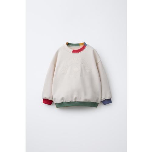 CONTRAST RIB EMBROIDERED TEXT SWEATSHIRT - Beige | ZARA United States