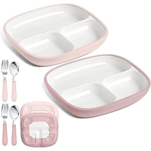 2 Pcs 8.2" Large Kids Porcelain Plates with Silicone Sleeves Toddlers Divided Plates Extra Deep White Porcelain Dishes 2 Pack Spoons and Forks Set Microwave Dishwasher Friendly (White,Pink)