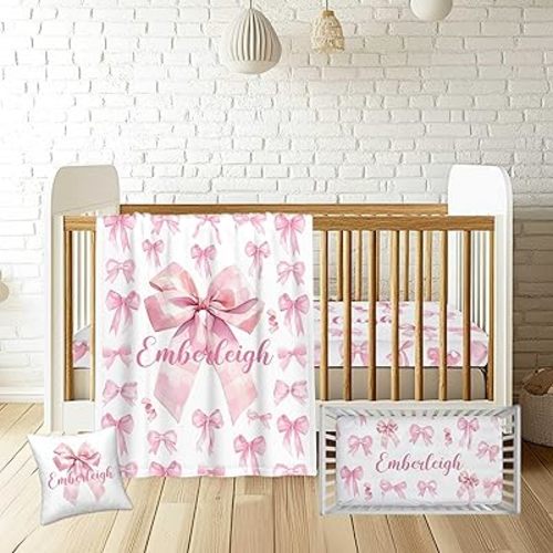Personalized Baby Crib Bedding Sets for Girls – Custom Name 3 Pcs Pink Bow Nursery Set with Soft Blanket, Fitted Sheet & Pillowcase for Newborn or Infant Gift