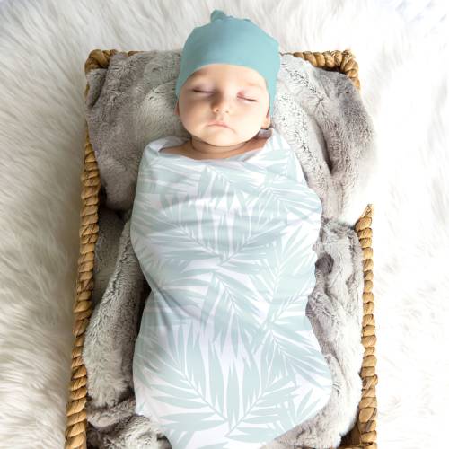 Palm Leaves Light Teal Swaddle Blanket