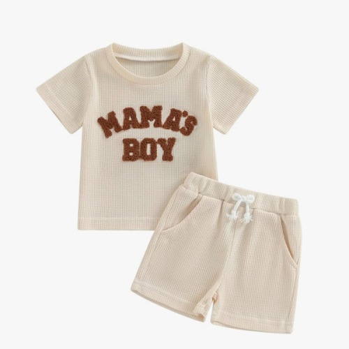 Kupretty Toddler Baby Boy Summer Clothes Embroiderey Waffle Knit Short Sleeve T-Shirt Tees + Casual Shorts Cute Clothing Set