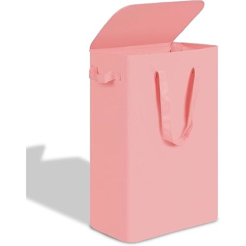 efluky Slim Laundry Basket with Lid, Narrow Laundry Hamper with Handles, Collapsible Dirty Clothes Hamper, Tall Laundry Bin for Laundry Room, Dorm and Bedroom, 55L Pink