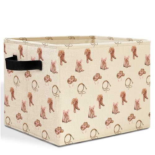 Pink Bow Western Cowgirl Storage Bins Box with Handles, Cowgirl Room Decor, Country Western Laundry Basket Hamper Collapsible Clothes Toys Organizer for Bedroom Bathroom Girls Room
