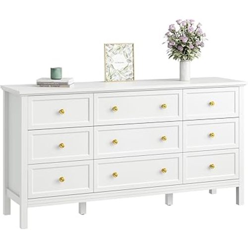 CARPETNAL 9 Drawer White Dresser for Bedroom with Deep Drawers, Large Dressers & Chest of Drawers With Gold Handle, Modern Long Dressers for Closet Bedroom, Living Room (59.25" W x 15.75" D x 30.9" H)