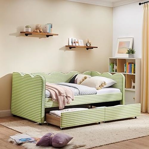 DEINPPA Twin Size Upholstered Daybed with 2 Storage Drawers, Gingham Daybed with USB Ports for Bedroom Living Room Guest Room-Green