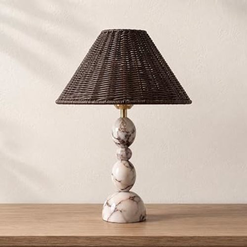 Calacatta Marble Table Lamp with Rattan Shade,15in Boho Stone Lamp