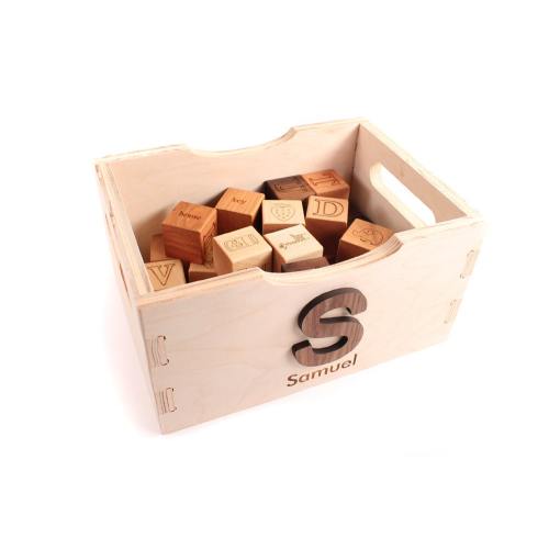 Alphabet Blocks Gift Set – 26 Organic Wood Picture Blocks with Toy Crate